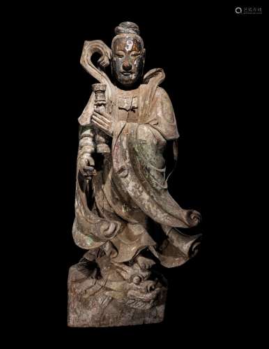 A Carved Polychrome Lacquered Wood Figure of a Guanyin