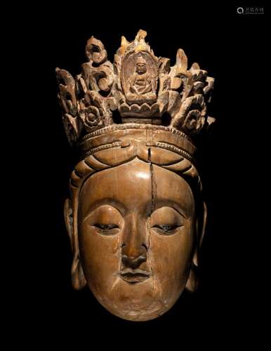 A Carved Wood Head of Guanyin