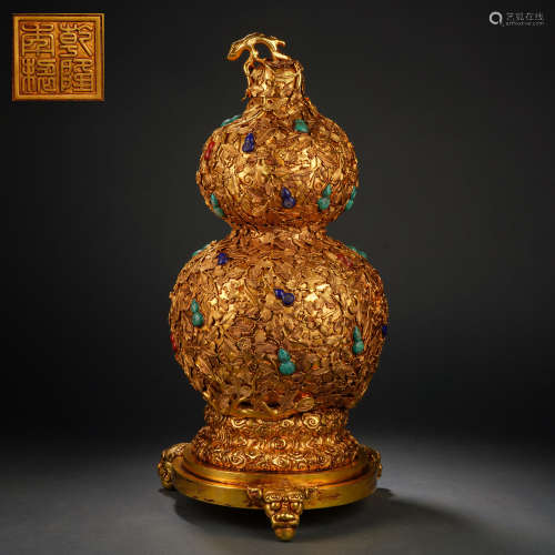 清 銅鎏金嵌寶石葫蘆瓶