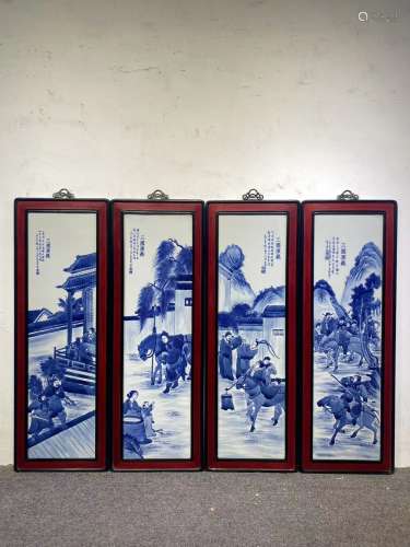 红木镶瓷板画青花人物三国演义四条挂屏
