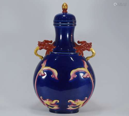 雍正霁蓝釉鎏金加彩螭龙纹堆雕龙耳瓶