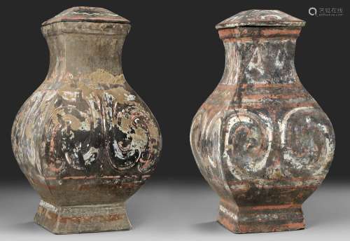 A  PAIR OF CHINESE POTTERY 'FANG HU' VASES, HAN DYNASTY (206...