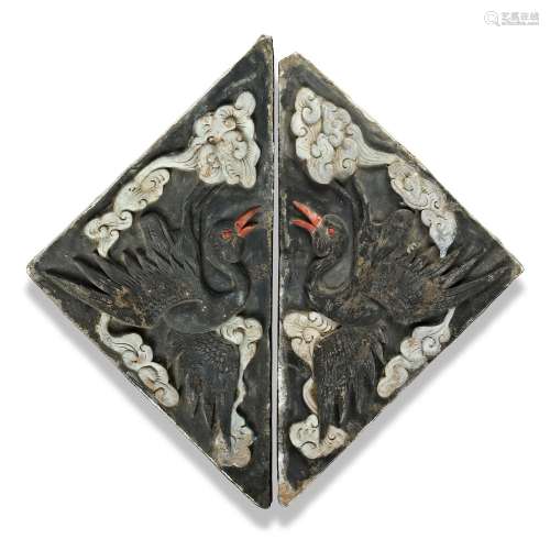 A PAIR OF BLACK CHINESE TILES WITH BIRDS, MING DYNASTY (1369...