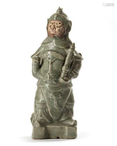 A CHINESE CELADON GUAN YU FIGURE, MING DYNASTY, 15TH CENTURY