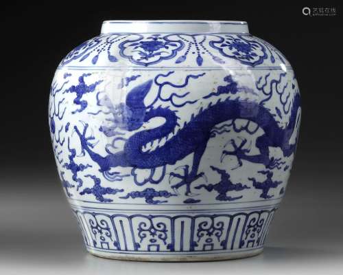 A CHINESE BLUE AND WHITE DRAGON JAR, MING DYNASTY (1368-1644...