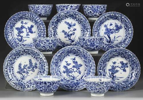 A SET OF SIX CHINESE BLUE AND WHITE CUPS AND SEVEN SAUCERS, ...