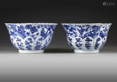A PAIR OF BLUE AND WHITE MOULDED 'LOTUS' BOWLS, KANGXI PERIO...