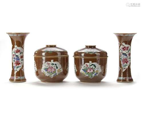 A PAIR OF CHINESE FAMILLE ROSE BEAKERS AND COVERED JARS, 18T...