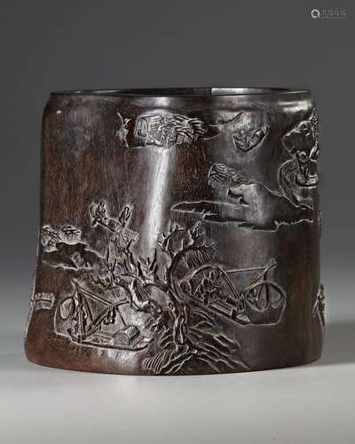 A CARVED ZITAN BRUSH POT, BITONG,  QING DYNASTY