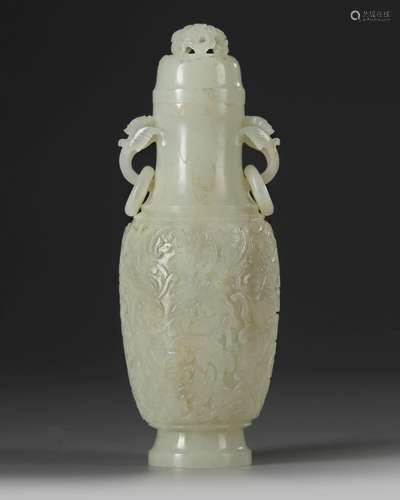 A CHINESE CARVED JADE VASE AND COVER, QING DYNASTY (1644-191...