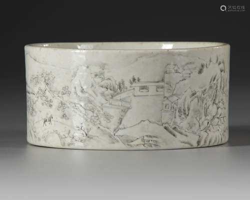 A CHINESE GRISAILLE LANDSCAPE BRUSH POT, REPUBLIC PERIOD, 20...