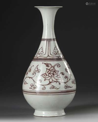 A CHINESE COPPER RED DECORATED YUHUCHUNPING VASE, YUAN DYNAS...