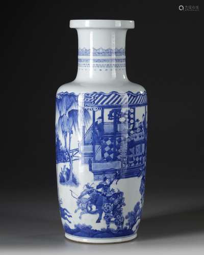 A CHINESE BLUE AND WHITE ROULEAU VASE, QING DYNASTY (1644-19...