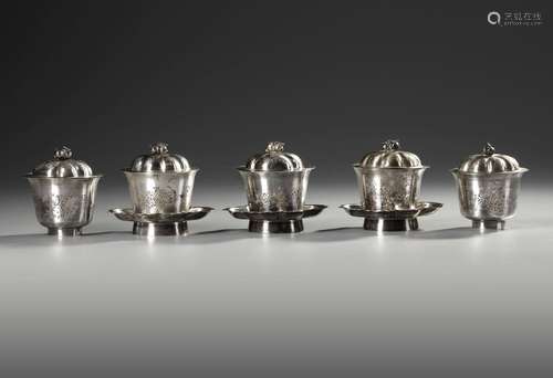 A GROUP OF CHINESE EXPORT SILVER FIVE CUPS AND THREE SAUCERS...