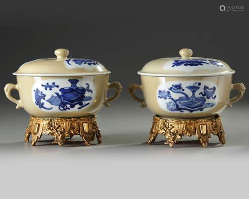 A PAIR OF CHINESE CAFE-AU-LAIT-GROUND BLUE AND WHITE POTICHE...