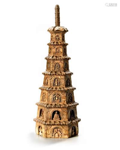 A CHINESE HUANGHUALI WOOD CARVED PAGODA, 17TH CENTURY