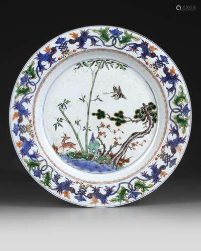 A LARGE CHINESE FAMILLE VERTE 'DEER AND CRANE' DISH, KANGXI ...