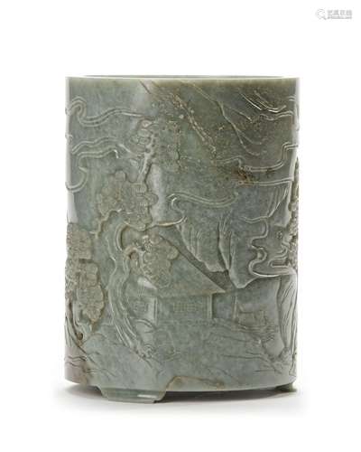 A CHINESE CARVED SPINACH-GREEN JADE BRUSH POT, 19TH CENTURY