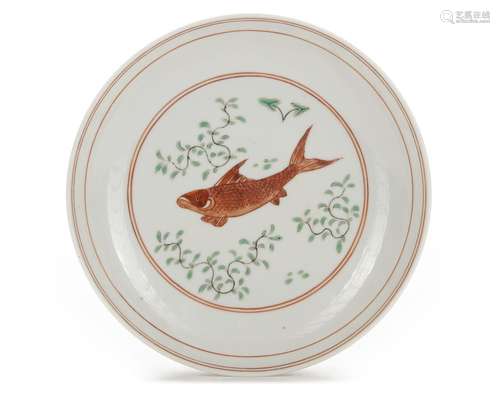 A CHINESE IRON-RED AND GREEN-ENAMELED FISH DISH, 19TH CENTUR...