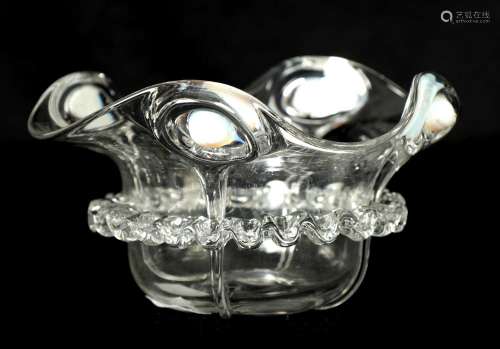 AN ART NOUVEAU CLEAR GLASS SHAPED BOWL WITH OPALESCENT JEWEL...