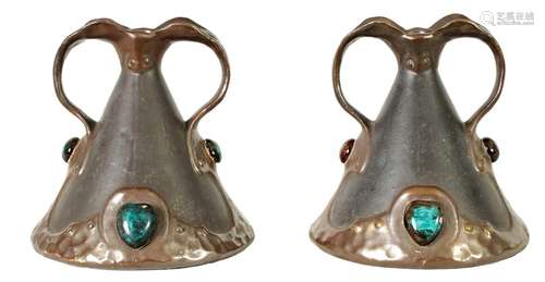 A PAIR OF BRETBY ARTS AND CRAFTS SIMULATED COPPER WARE TWO H...