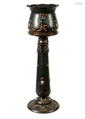 A BRETBY ART NOVEAU SIMULATED COPPER WARE PEDESTAL JARDINIER...