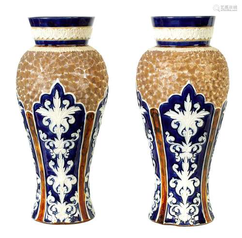 A PAIR OF DOULTON LAMBETH STONEWARE TAPERED SHOULDERED VASES...