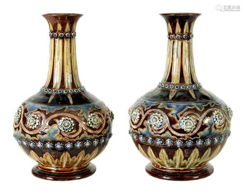 A GOOD PAIR OF DOULTON LAMBETH FOOTED BULBOUS FLARED NECK VA...