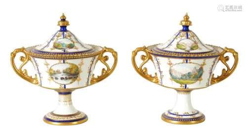 A FINE PAIR OF ROYAL CROWN DERBY CAMPANA SHAPED TWO-HANDLED ...