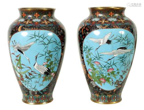 A PAIR OF JAPANESE MEIJI PERIOD LARGE OVOID CLOISONNE VASES