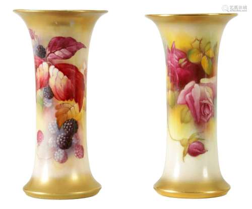 TWO EARLY 20TH CENTURY ROYAL WORCESTER SPILL VASES DECORATED...