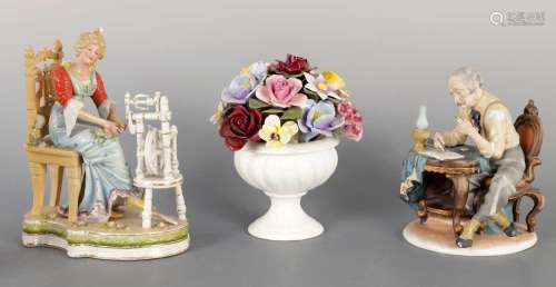 TWO GERMAN PORCELAIN FIGURINES AND A ROYAL DOULTON FLOWER BA...