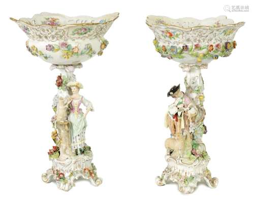 A PAIR OF 19TH CENTURY DRESDEN FIGURAL CENTREPIECES