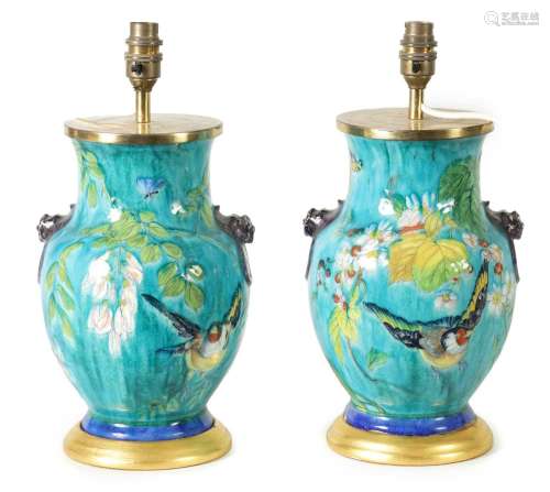 A PAIR OF 19TH CENTURY FRENCH ENAMEL VASE LAMPS