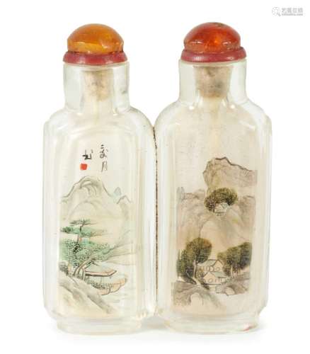 A 19TH CENTURY CHINESE FLATTENED DOUBLE GLASS SNUFF BOTTLE A...