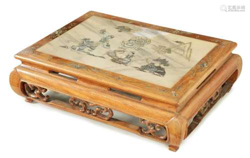 A 20TH-CENTURY CHINESE HARDWOOD MOTHER OF PEARL INLAID MARBL...