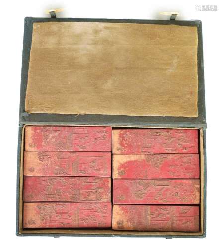 A CASED SET OF 19TH CENTURY CHINESE TERRACOTTA TABLETS
