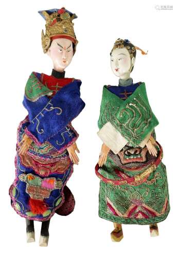 A PAIR OF 20TH CENTURY JAPANESE PAINTED WOOD AND FABRIC DOLL...