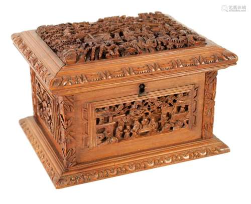 A LATE 19TH CENTURY CHINESE CARVED SANDALWOOD LIDDED JEWELLE...