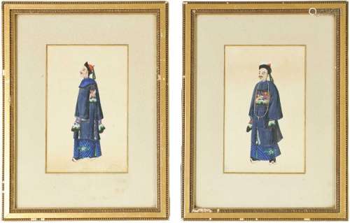 A PAIR OF 19TH CENTURY CHINESE WATERCOLOUR FULL LENGTH PORTR...