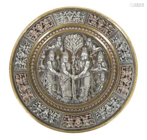 A LATE 19TH CENTURY INDIAN BRONZE AND MIXED METAL PLAQUE