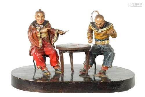 A 19TH CENTURY ANGLO CHINESE WAX AND WOODEN MODEL OF TWO MEN...