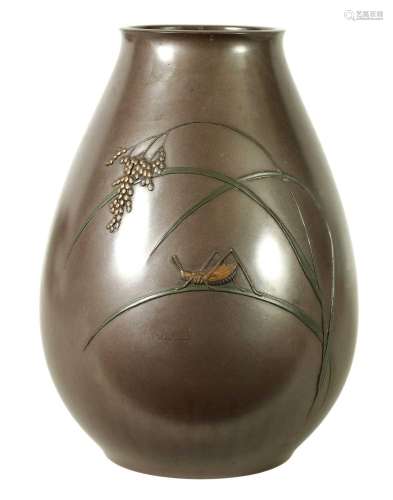 A JAPANESE MEIJI PERIOD BRONZE AND MIXED METAL OVOID VASE