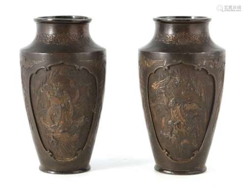 A PAIR OF JAPANESE BRONZE WHITE METAL PANELLED VASES