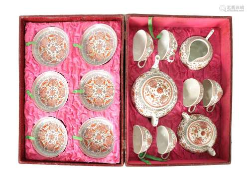 A LARGE CHINESE REPUBLIC CASED TEA SET FOR SIX PLACE SETTING...