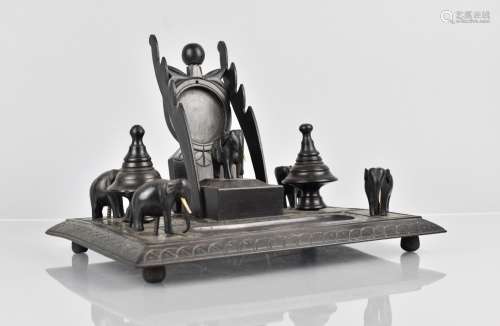 A 19th Century Indian Carved Ebony Ink Stand with Turned Ink...