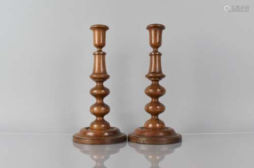 A Pair of 19th Century Treen Turned Oak Candlesticks with Bo...
