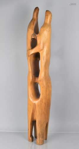 A Carved Wooden Modern Art Sculpture depicting Couple Embrac...