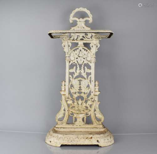 A Late Victorian White Painted Cast Iron Stick Stand with Ba...