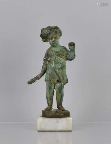 A Verdigris Bronze Standing Child in Robe Holding Ear of Whe...
